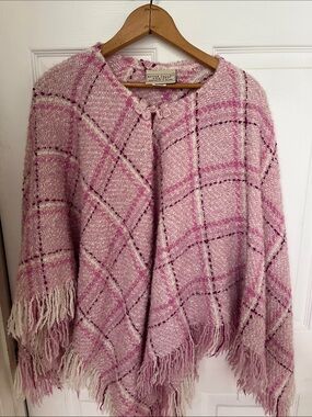 Pink Plaid wool/alpaca one size Irish Fringe Knit Poncho